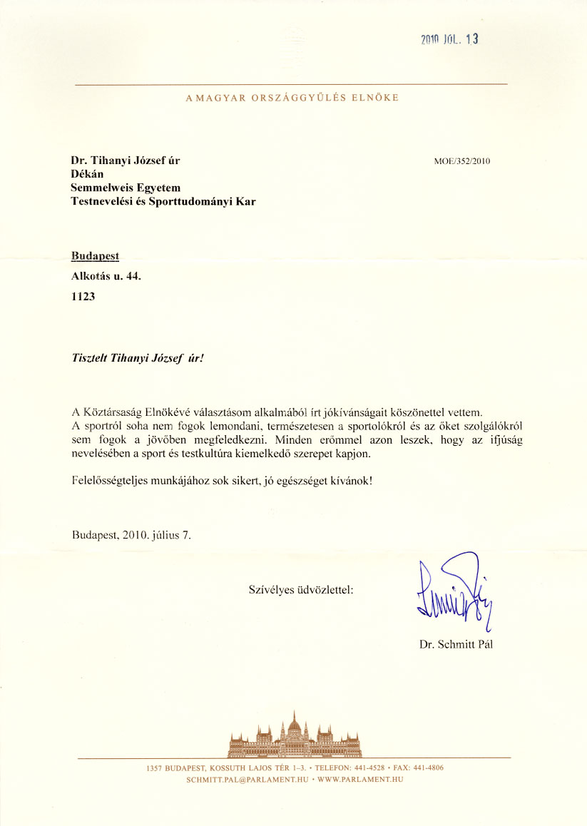 Dr. Schmitt Pál köszönőlevele