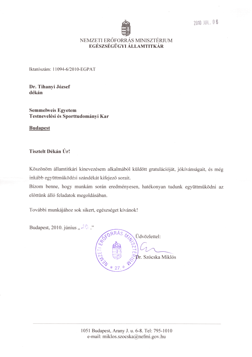Dr. Szócska Miklós köszönőlevele