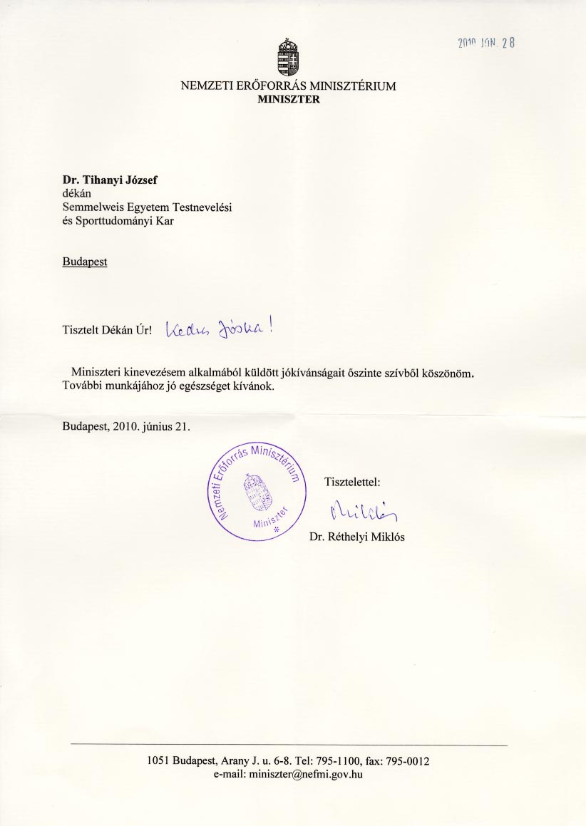 Réthelyi Miklós köszönőlevele Tihany Józsefnek Réthelyi Miklós köszönőlevele Tihany Józsefnek
