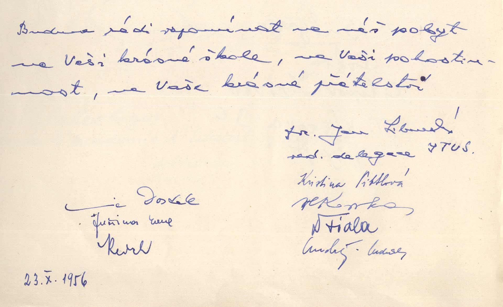 Levéltári kutatási eredmények 1956-ról: A prágai testvérintézmény küldöttségének bejegyzése a TF vendégkönyvébe 1956.10.23