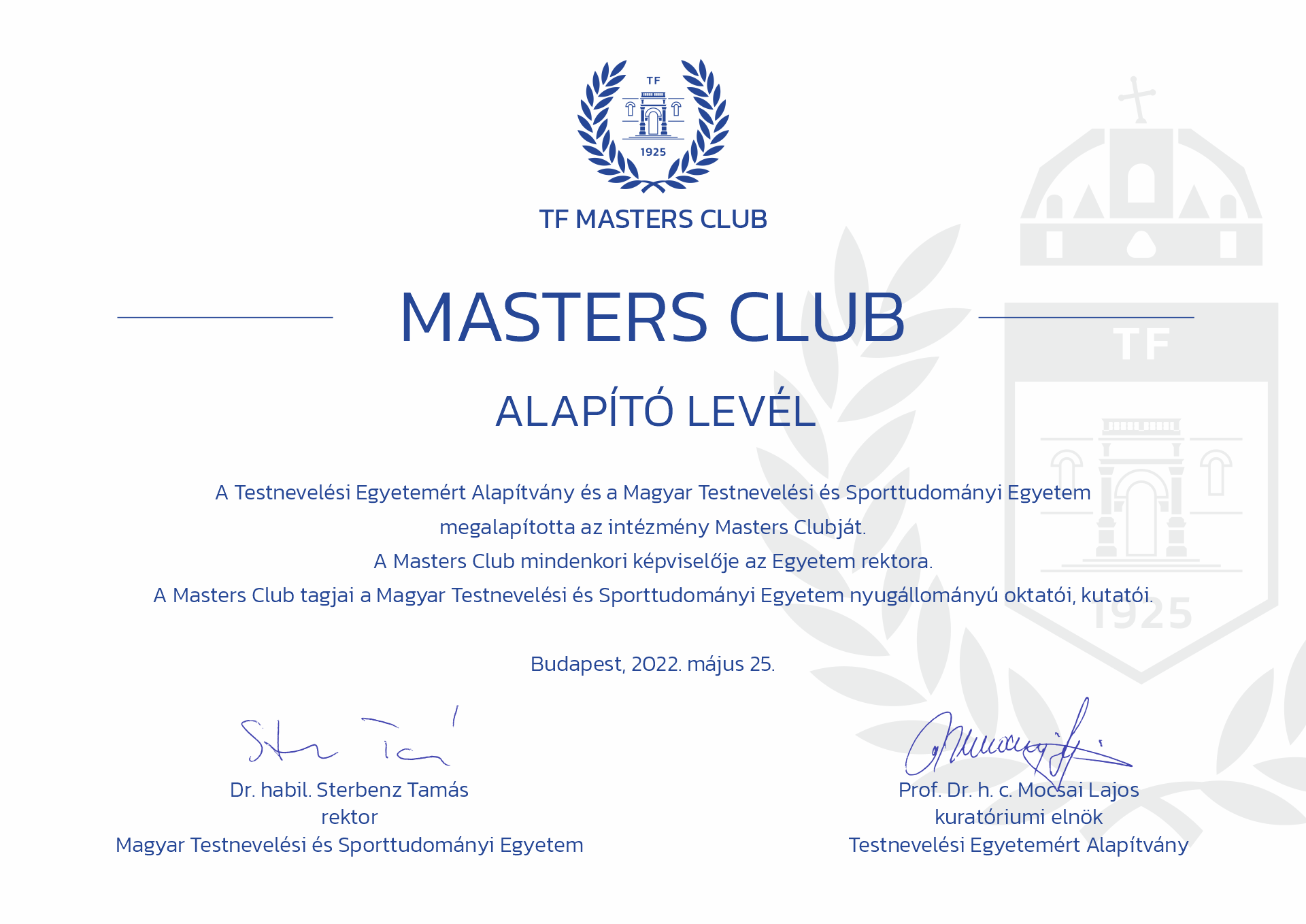 Masters Club alapító levél